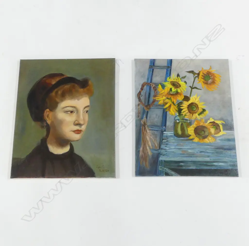 2 SIGNED ARTWORKS; PORTRAIT OF A WOMAN, STILL LIFE w. SUNFLOWERS, BOTH OIL ON CANVAS 505x405mm Image 1++