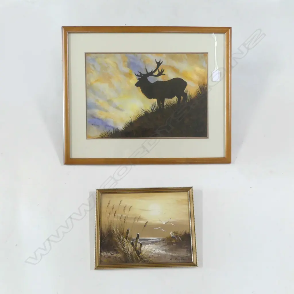 2 ARTWORKS; LIANNE ADAMS-JULL 'STAG AT SUNSET' 260x380mm, SIGNED OIL ON BOARD COASTAL SUNRISE  Image 1++