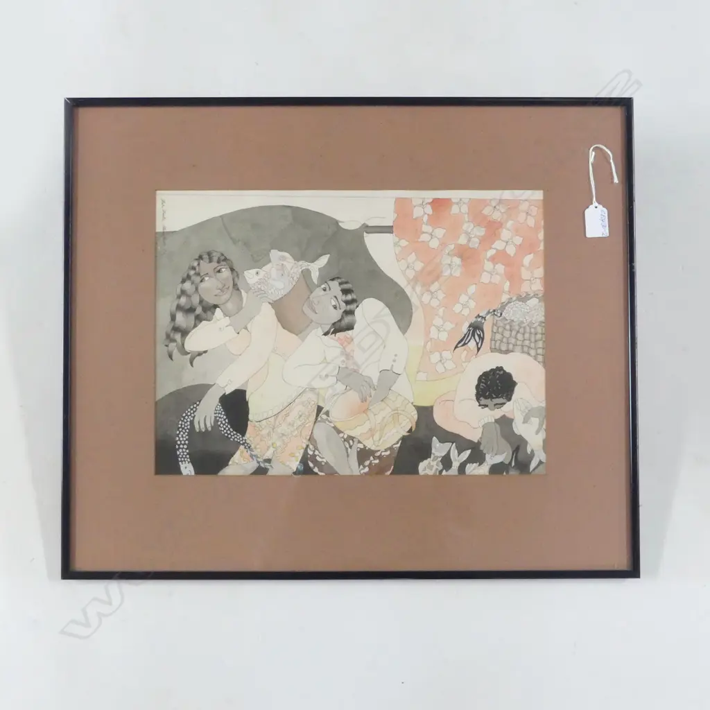 LOU MASON 'FISH FROLIC' INK & W/C ARTWORK signed & entitled 300 x 410mm. slightly slipped in frame Image 1++