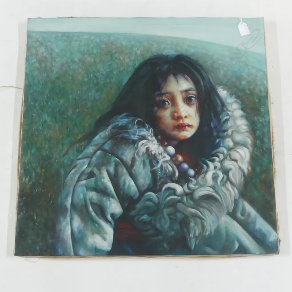 CHINESE SIGNED ARTWORK, GIRL IN COAT, OIL ON CANVAS, 590x600mm Image 1++