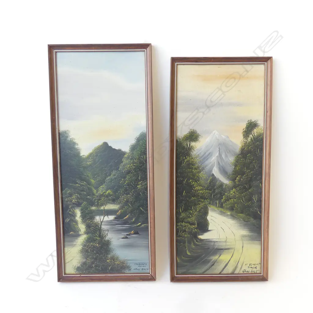 CHARLES EAST, MANAWATU GORGE & MT EGMONT  OIL ON BOARD SIGNED 660  x 280MM Image 1++