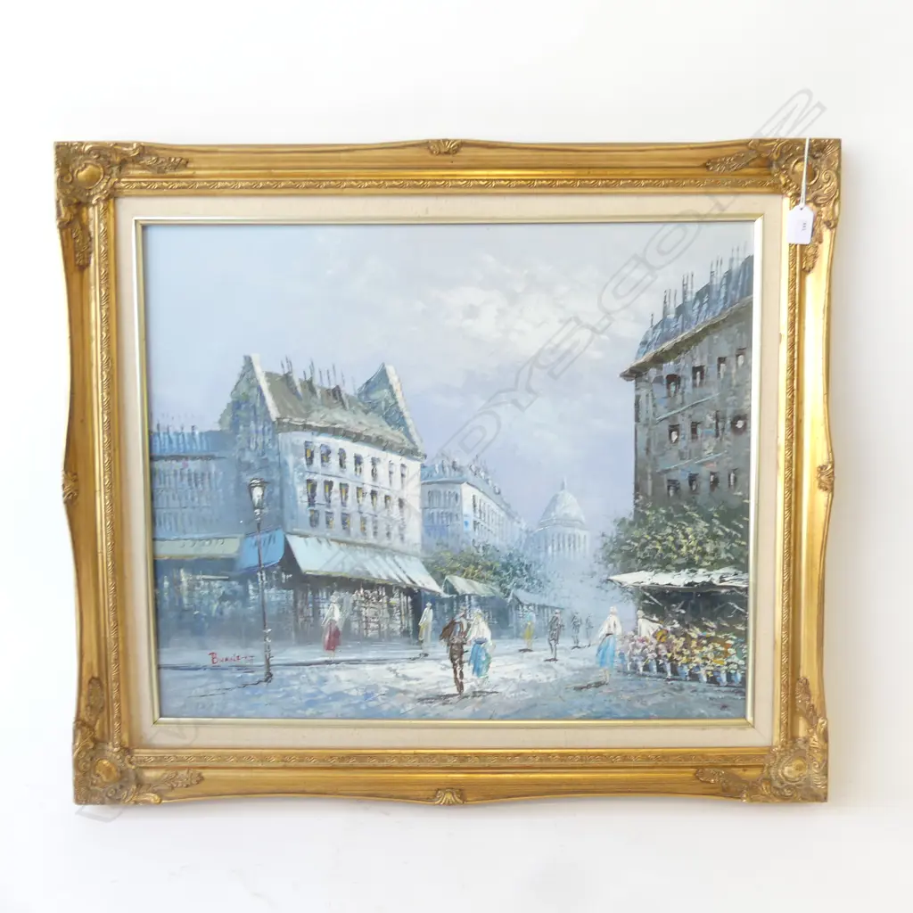 BURNETT FRENCH STREET SCENE OIL ON BOARD SIGNED 620 x 730mm  WITH GILDED FRAME Image 1++