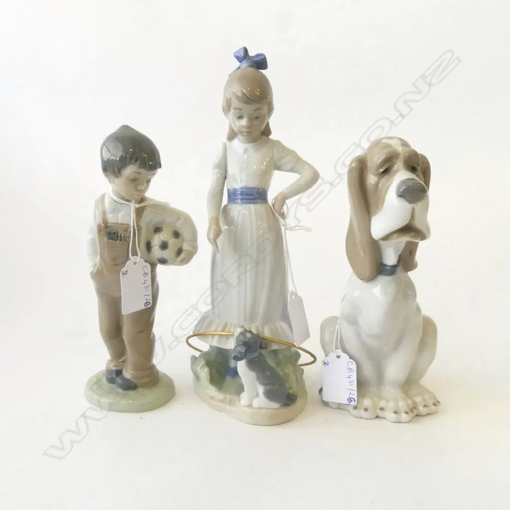 3 NAO FIGURINES; GIRL w. HOOP H.240mm (THUMB MISSING), DOG, BOY w. SOCCER BALL Image 1++