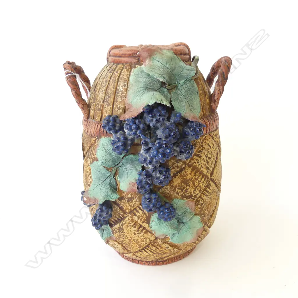 IMPERIAL AMPHORA VASE DECORATED WITH APPLIED GRAPE VINE, SOME HANDLE REPAIR & LOSS. H.230mm Image 1++