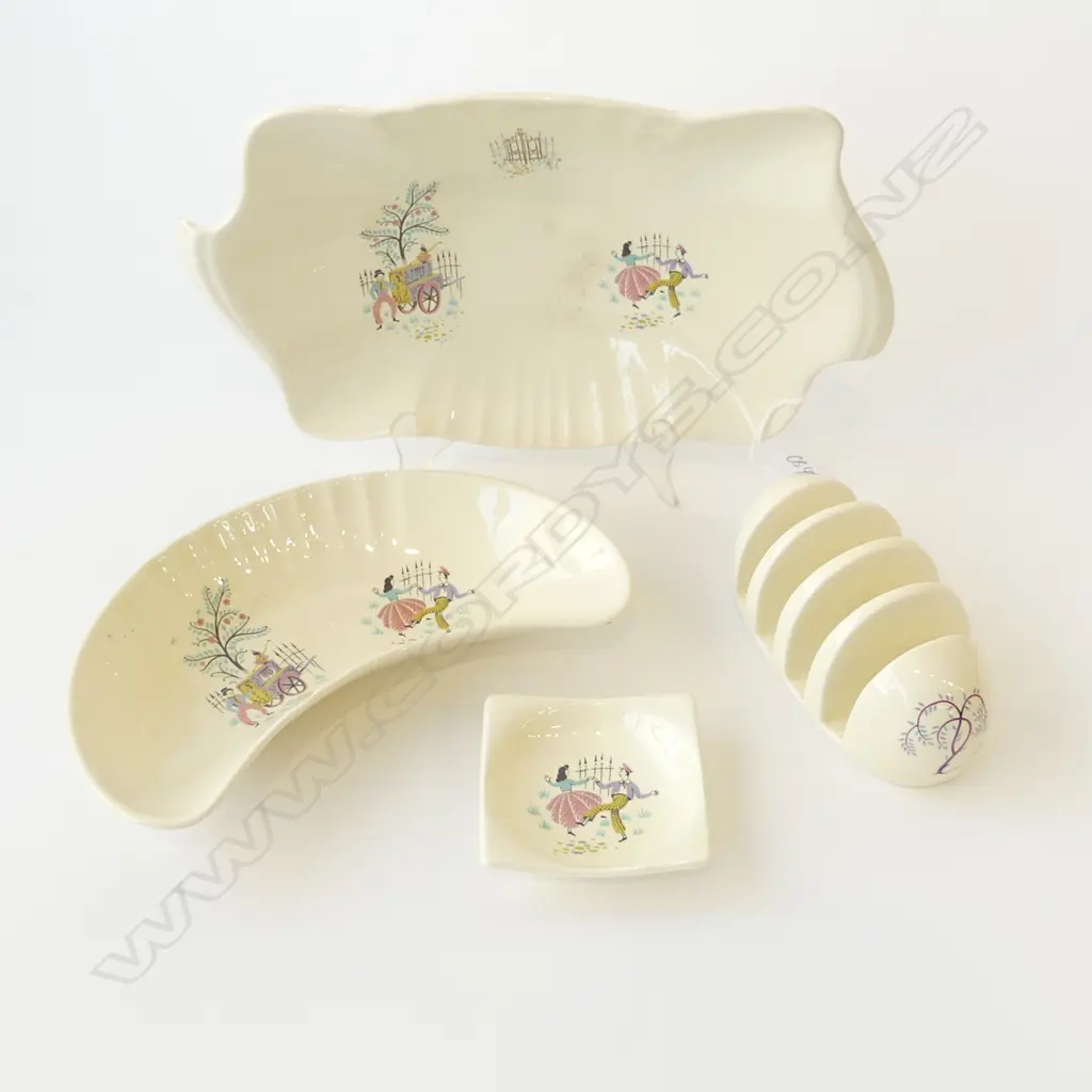 1950S MID CENTURY 'DANCING DAYS' PATTERN TOASTRACK & THREE DISHES LGEST L.315mm Image 1++