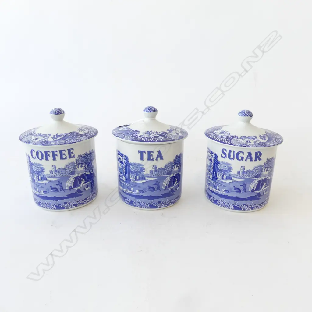 3 SPODE ITALIAN LIDDED CONTAINERS; TEA, COFFEE & SUGAR H.150mm Image 1++