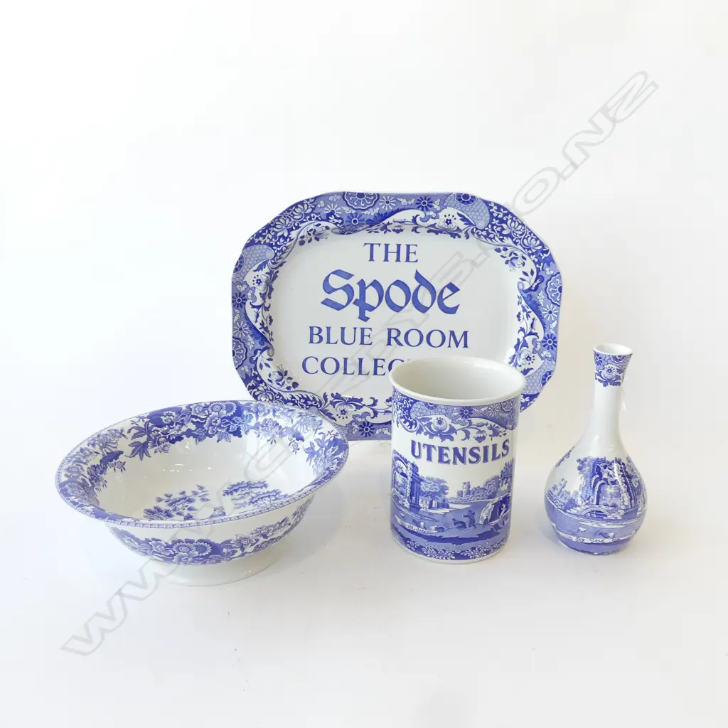 4 PCES SPODE ITALIAN; ASHET 285x365mm, VASE, UTENSILS TIN, FOOTED BOWL (GIRL AT WELL PATTERN) 260mm dia Image 1++