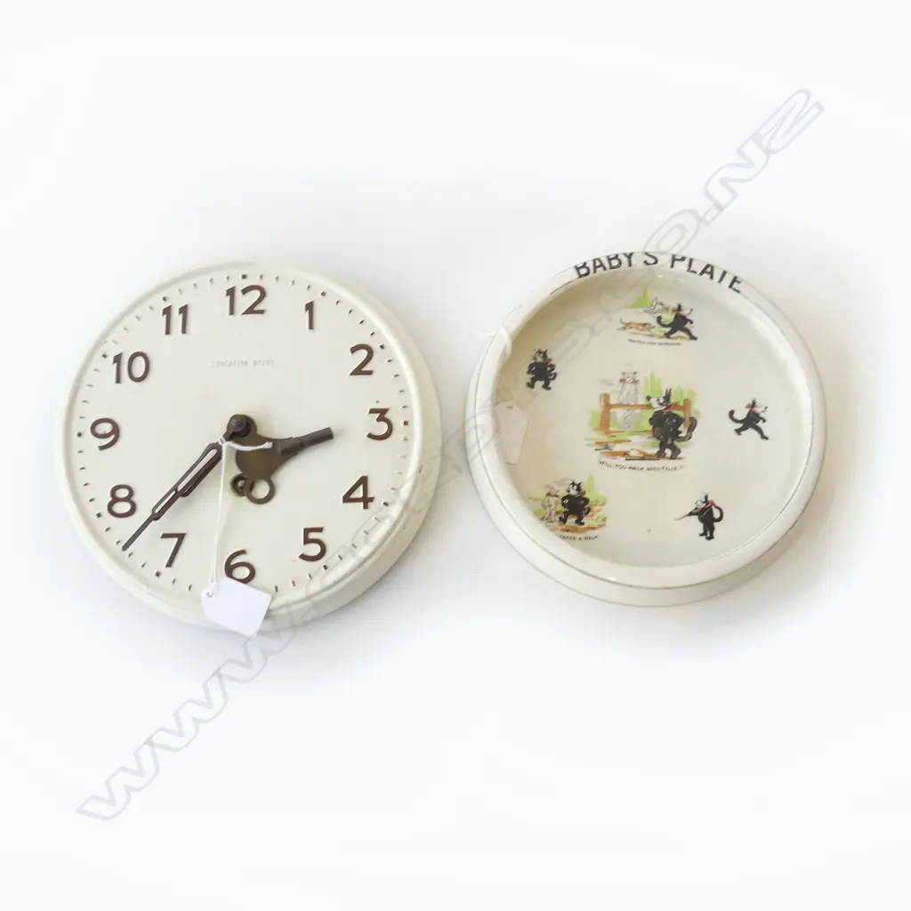 FELIX THE CAT BABY PLATE, Dia. 205mm & 1950S 'EDUCATION BOARD' CLOCKWORK WALL CLOCK Dia 230mm Image 1++