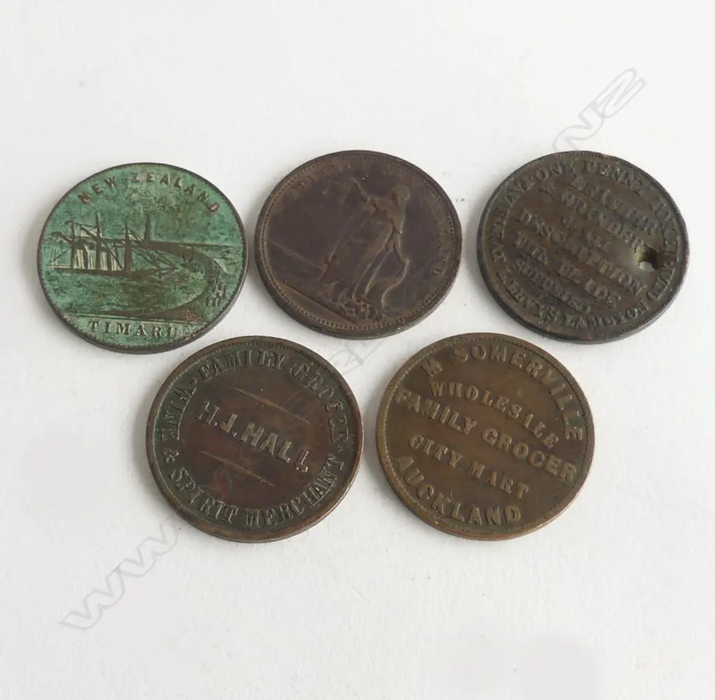 5 OLD NZ TOKENS: 1865 CLARKSON & TURNBULL. J.M. MERRINGTON & Co. NELSON. 1857 M. SOMERVILLE AUCKLAND.  H.J. HALL ChCh. + Image 1++