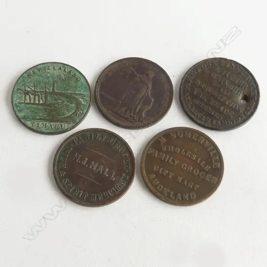 5 OLD NZ TOKENS: 1865 CLARKSON & TURNBULL. J.M. MERRINGTON & Co. NELSON. 1857 M. SOMERVILLE AUCKLAND.  H.J. HALL ChCh. +