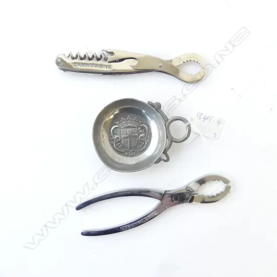PEWTER CHAMPAGNE CUP MARKS VERSO 'ETAIN FIN' Dia  72mm, & PLIERS 'PIPER HEIDSIECK (FRENCH MADE) & 'COOPERATIVE DE MANCY'