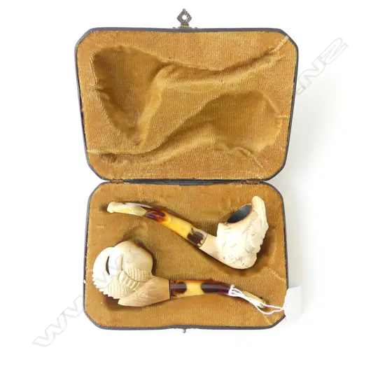 PAIR OF OLD CARVED MEERSCHAUM PIPES – EAGLES CLAW AND BACCHUS, L.135MM