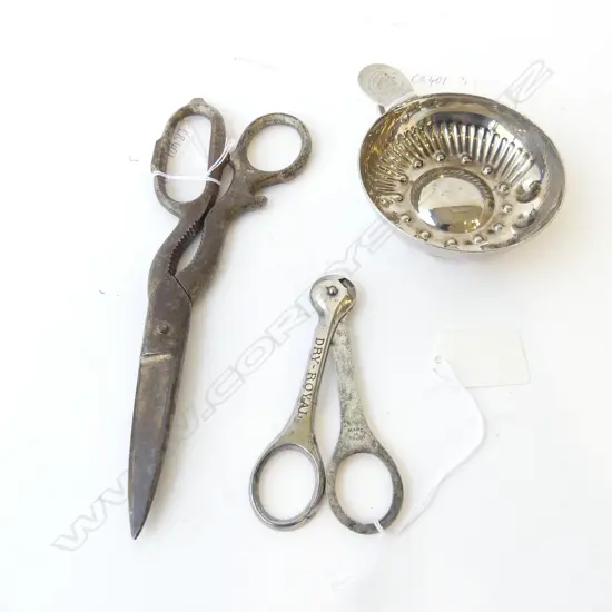 SCISSOR  LIKE CHAMPAGNE PLIERS  & 'DRY ROYAL ACKERMAN LAURANCE PLIERS WITH SILVER PLATED TASTING CUP 'BOURGAGNES PATRIAC