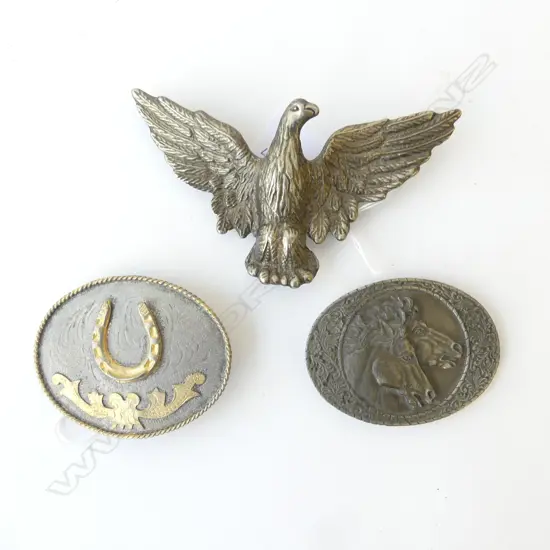 3 VINTAGE COWBOY BELT BUCKLES INDIANA MEXICAN & 1 OTHER 140MM WIDEST