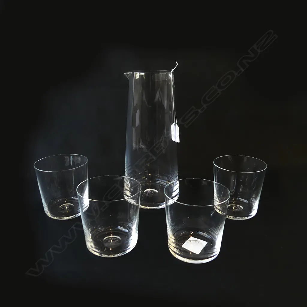 ROYAL DOULTON GLASS BOXED CARAFFE DRINKS SET. Contemporary Carafe + 4 tumblers. London 1815. Cost $249. Image 1++