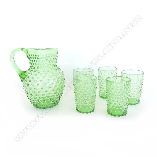 VINTAGE GREEN HOBNAIL GLASS DRINK SET: JUG & 5 GOBLETS.  Hand blown with ground pontils