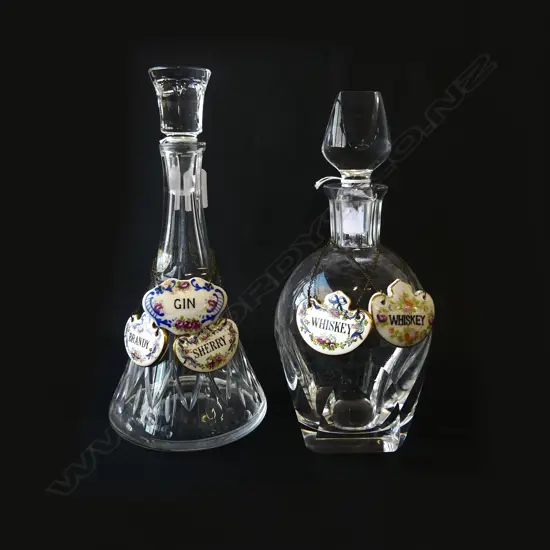 2 CUT CRYSTAL DECANTERS + 5 PORCELAIN DECANTER TICKETS (3 Crown Staffordshire etc)