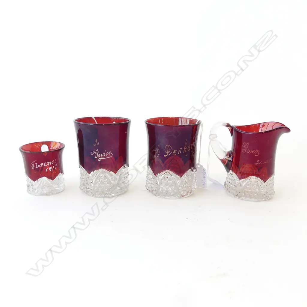 4PCS RED EDWARDIAN EXIBITION GLASS 2 BEAKERS H100MM JUG & MUG H60MMM Image 1++