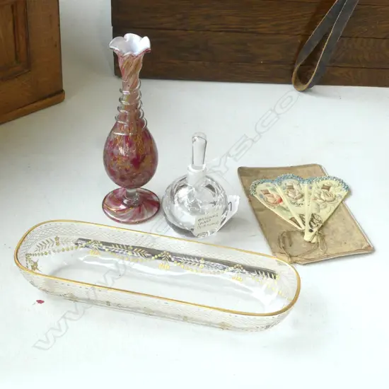 ANTIQUE CUT & GILDED GLASS DISH + VENETIAN GLASS VASE + POSTCARD + ORREFORS PERFUME + SILVER BAR
