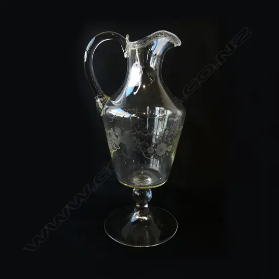 TALL WINE DECANTER WITH HAND ETCHED CHERUBS AND FLORAL DECORATION, H.300MM