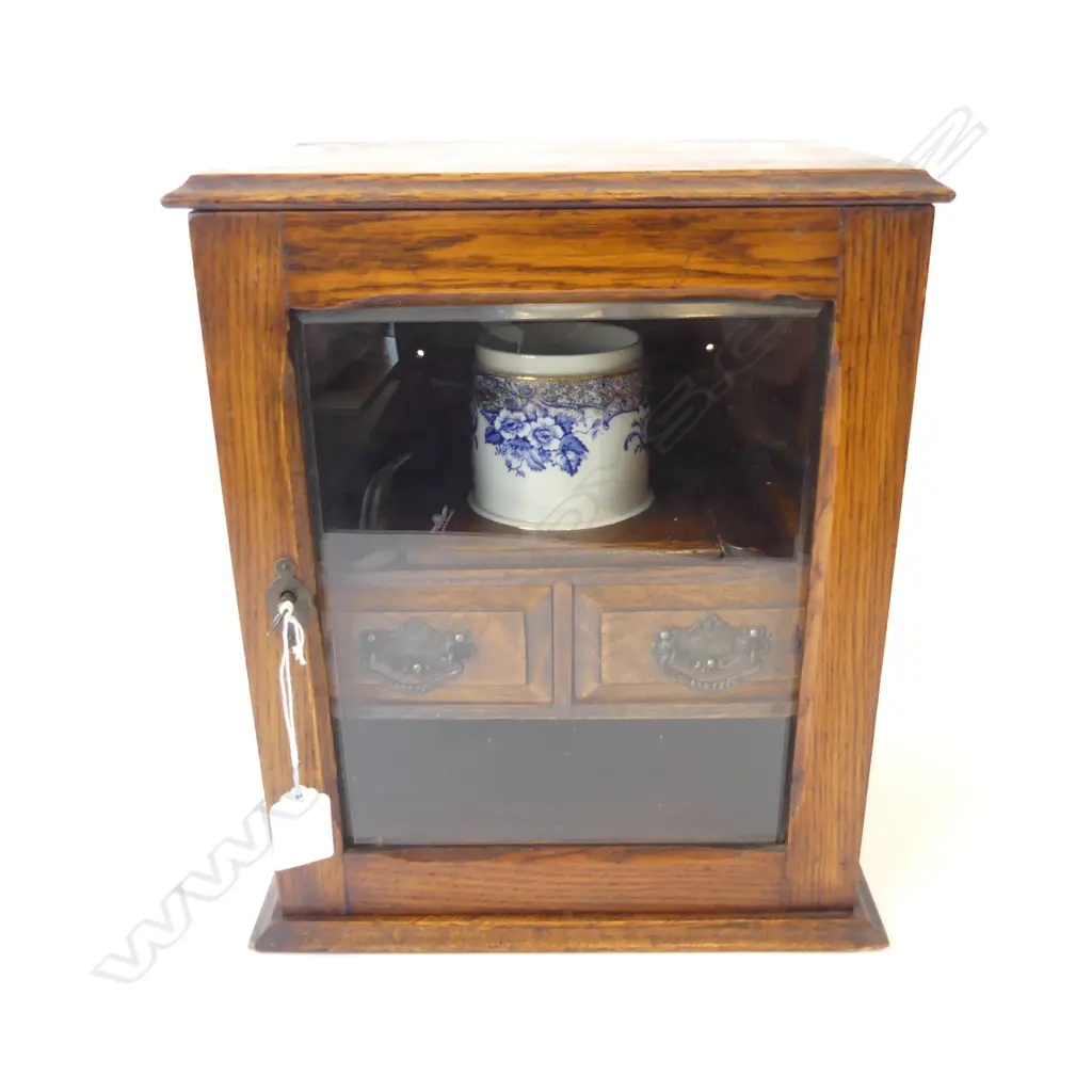 ANTIQUE OAK SMOKERS CABINET BEVELLED GLASS, TWO DRAWERS, FITTED HOLDERS FOR PIPES, & KEY, H.330MM, L.270MM, D.190MM Image 1++