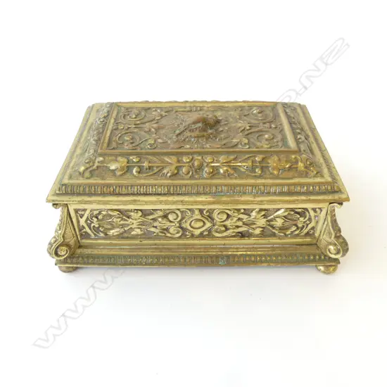 VINTAGE CAST BRASS JEWELRY BOX WITH BIRD EMBLEM L.200MM 