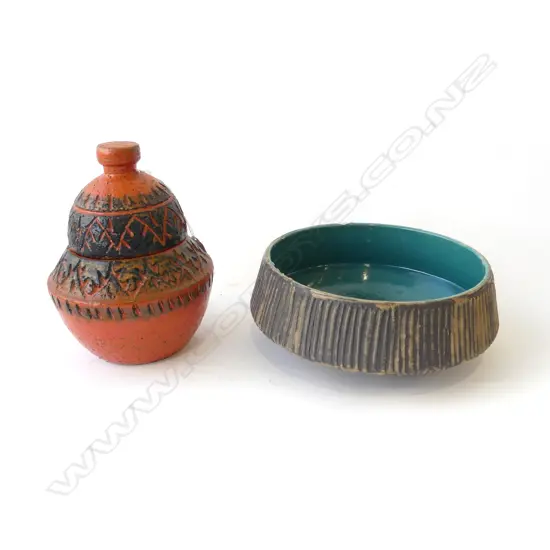 2 PCS GERMAN RETRO CHINA ORANGE LIDDED JAR H200MM & BOWL DIA 220MM