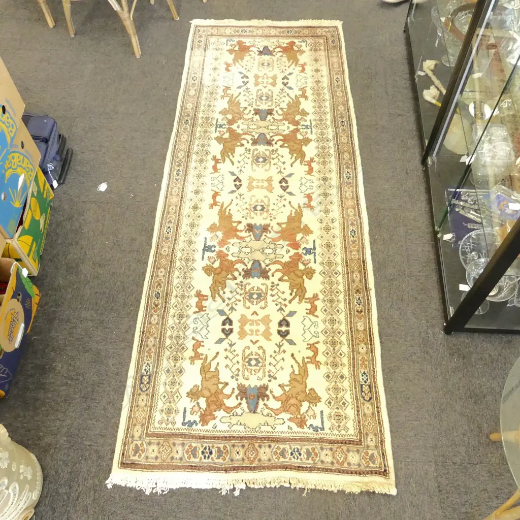 HAND KNOTTED WOOL PILE RUNNER, GALLOPING HORSE PATTERN 2350x870mm Image 1++