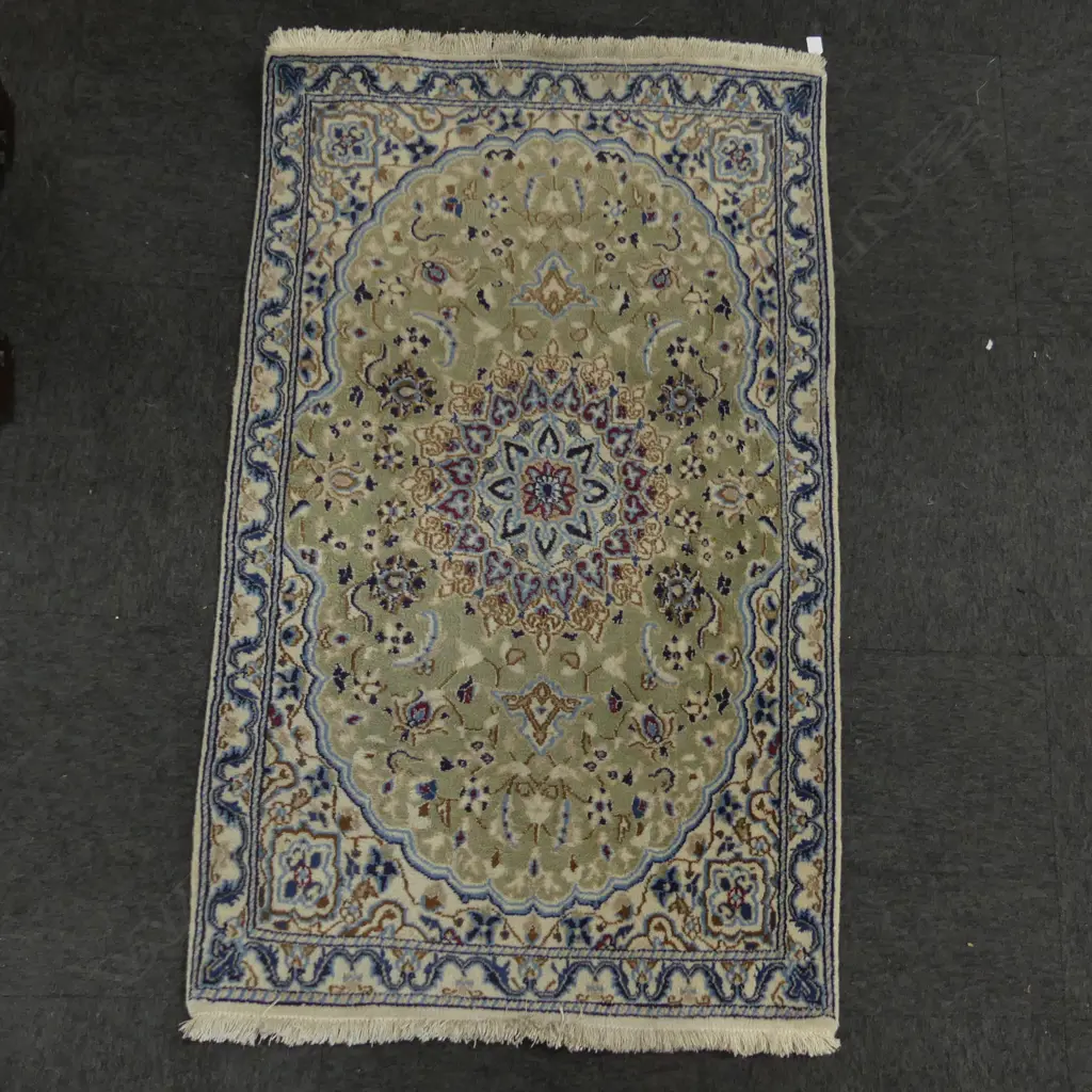 HAND KNOTTED WOOL PILE IRANIAN NAIN RUG, BLUE & CREAM TONES 1470x900mm Image 1++