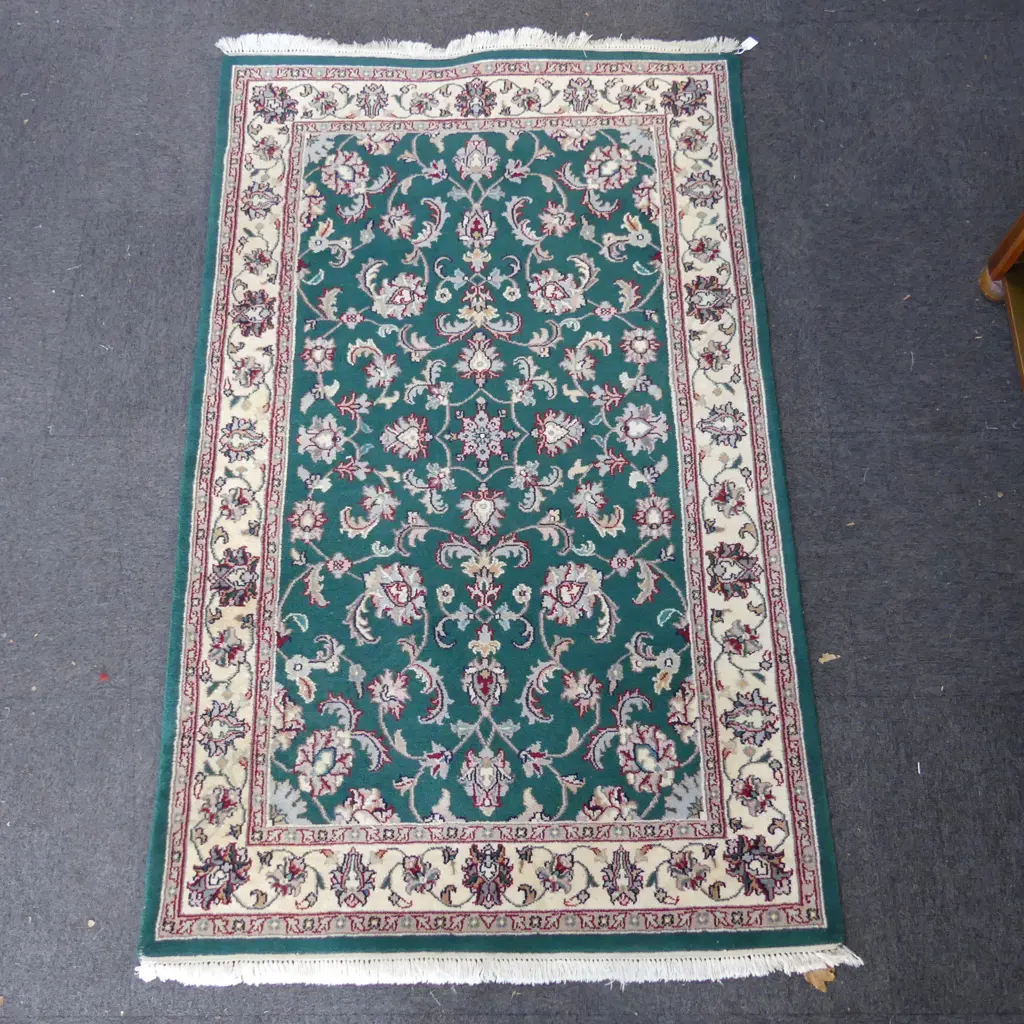 HAND KNOTTED WOOL PILE INDO PERSIAN KASHAN RUG, GREEN GROUND, 1800x1120mm Image 1++