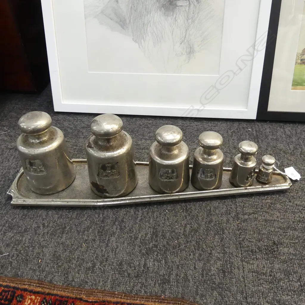 6 ANTIQUE BUTCHERS WEIGHTS ON TRAY W.470mm... Image 1++