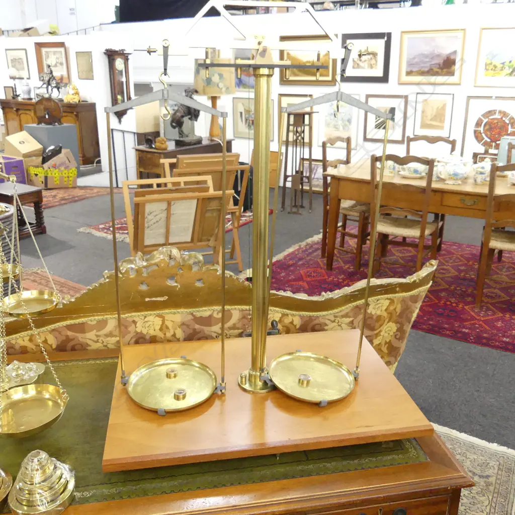 LG BRASS CHEMISTS SCALES ON WOODEN PLATFORM 620x445x720mm Image 1++