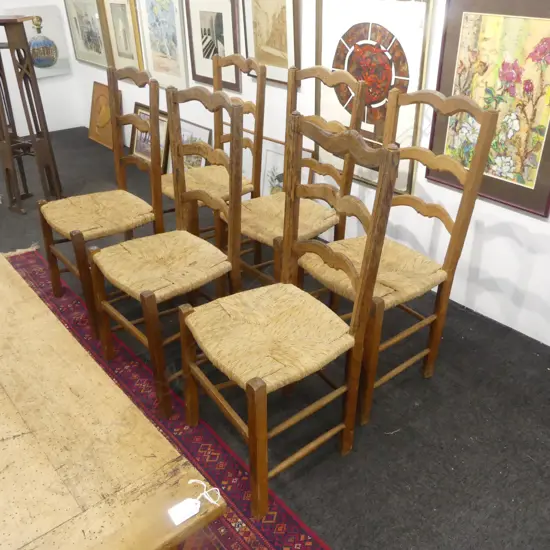 SIX ENGISH OAK LADDERBACK CHAIRS, RUSH SEATS