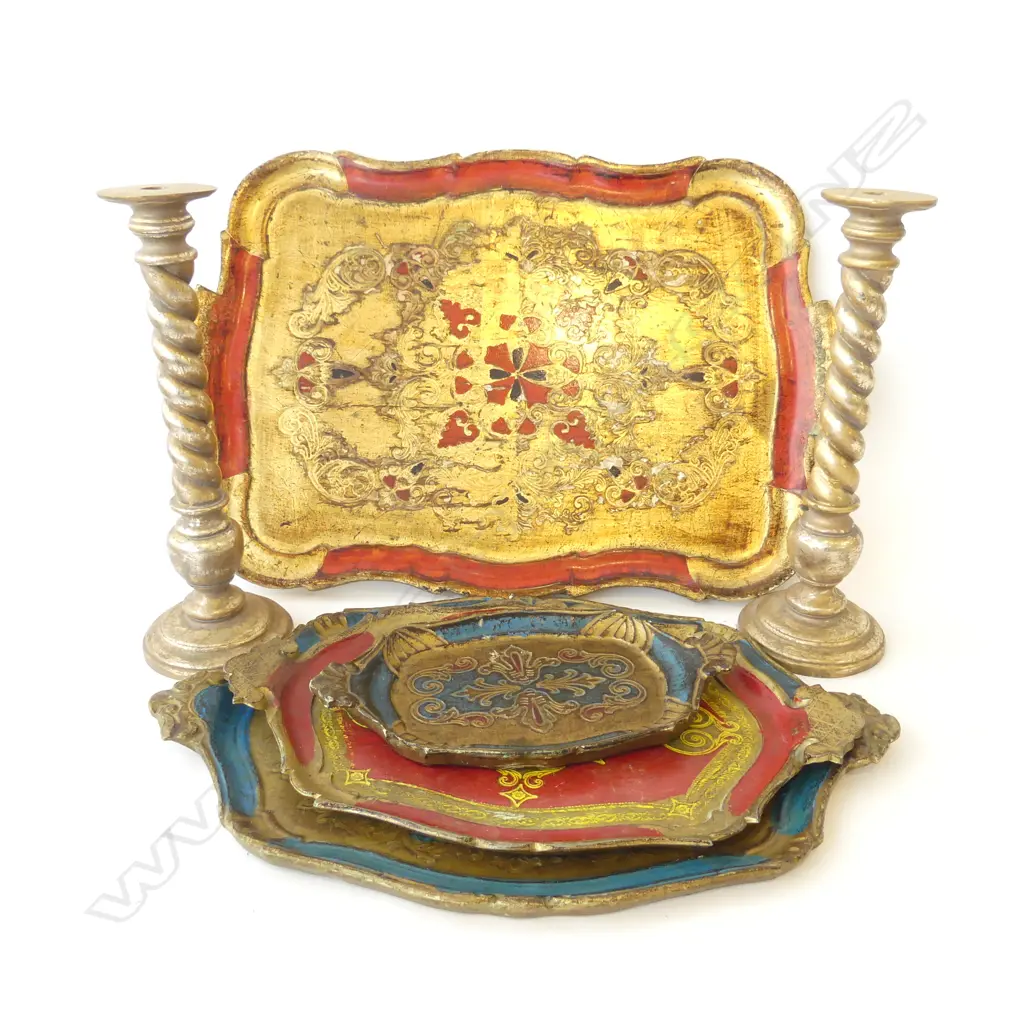 4 GILDED WOODEN TRAYS 615x415mm + PR CANDLESTICKS H.350mm Image 1++