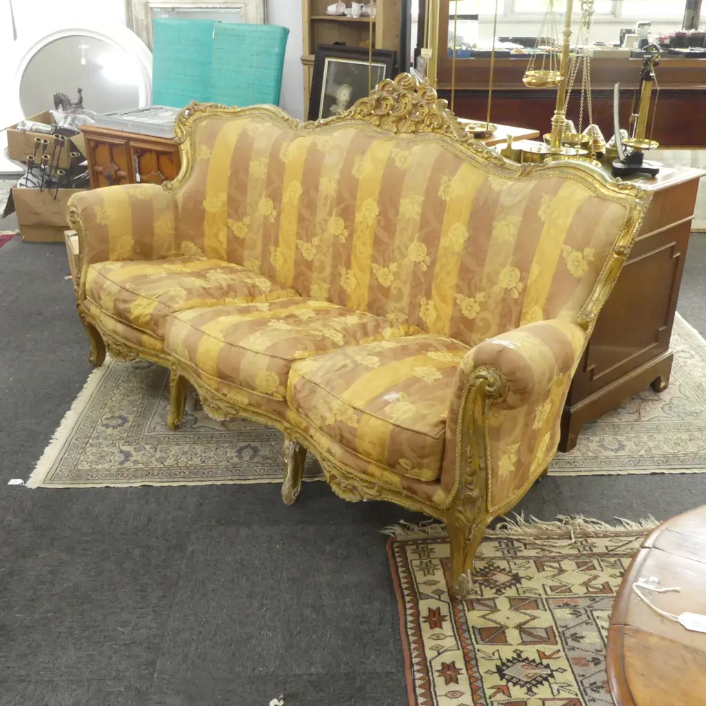 SOFA w. GILDED FRAME, STRIPED UPHOLSTERY W.1900mm FAULTS Image 1++