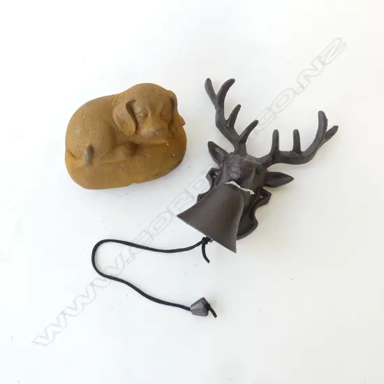CAST IRON STAG HEAD DOOR BELL & SLEEPING PUPPY W.150mm