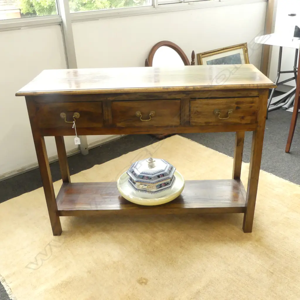 TEAK 3 DRAWER BRASS DROP HANDLED HALL TABLE L1110 H690MM Image 1++