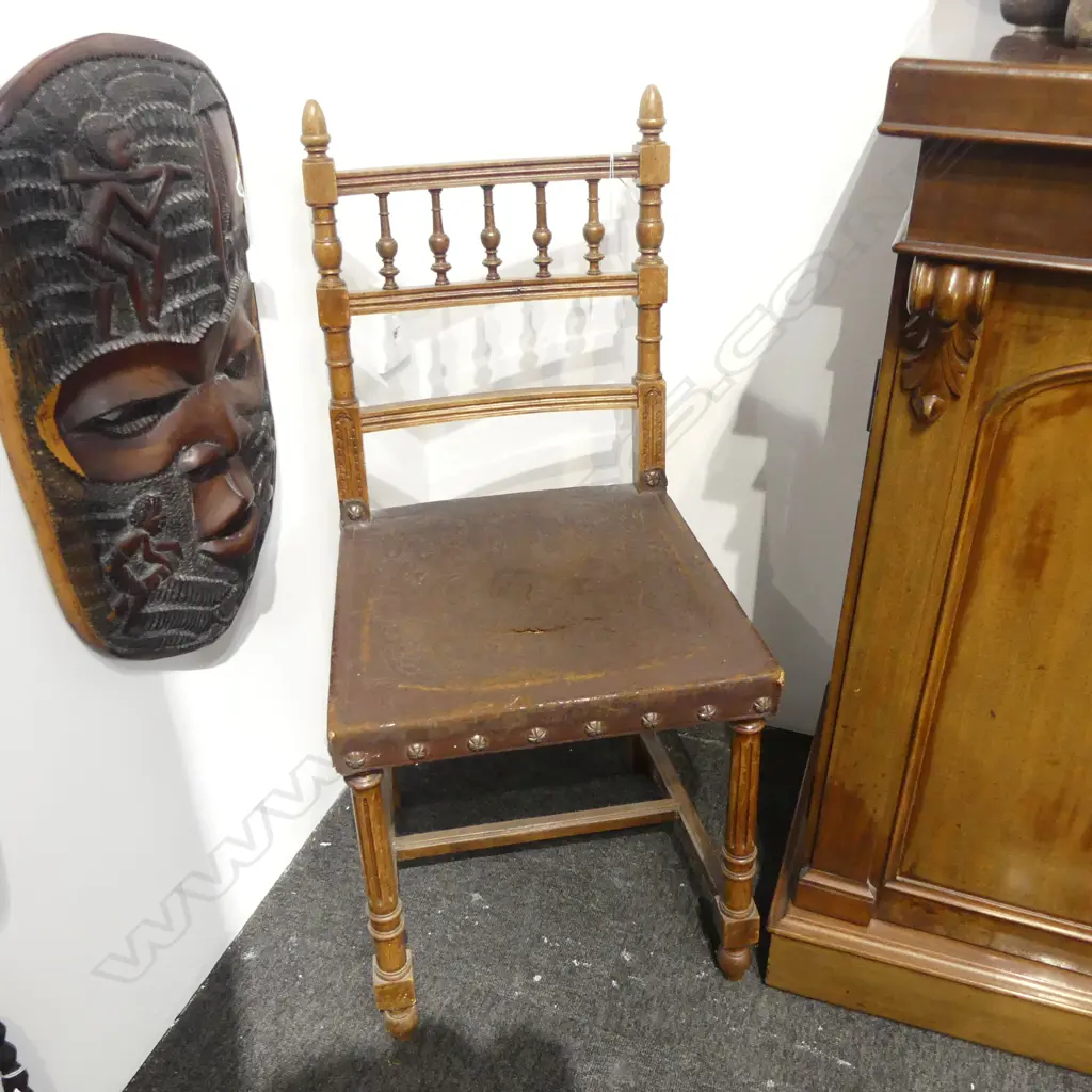ANTIQUE CHAIR, TOOLED LEATHER SEAT, SOME DAMAGE Image 1++
