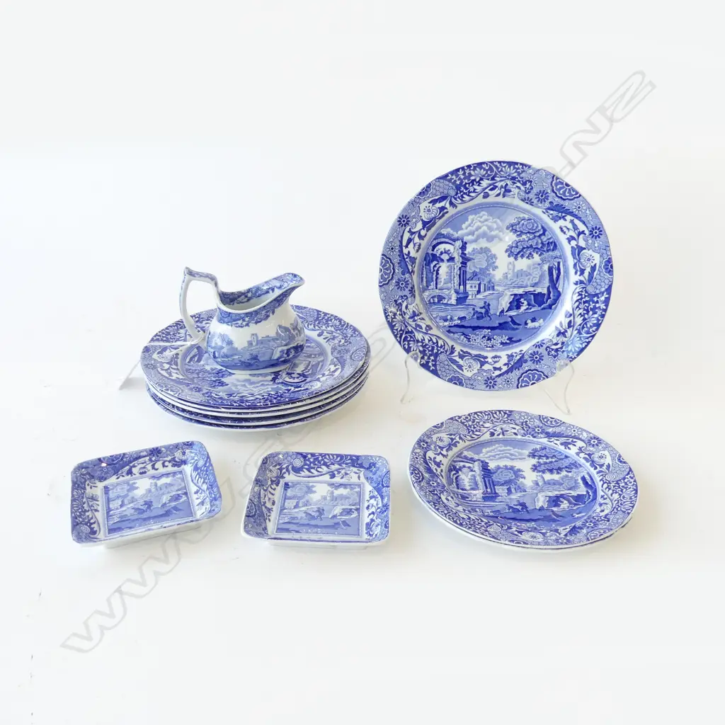 11 PCES COPELAND SPODE ITALIAN PATTERN; 6 SIDE PLATES 190mm dia, 2 SMALLER, 2 PIN DISHES, SMALL JUG Image 1++