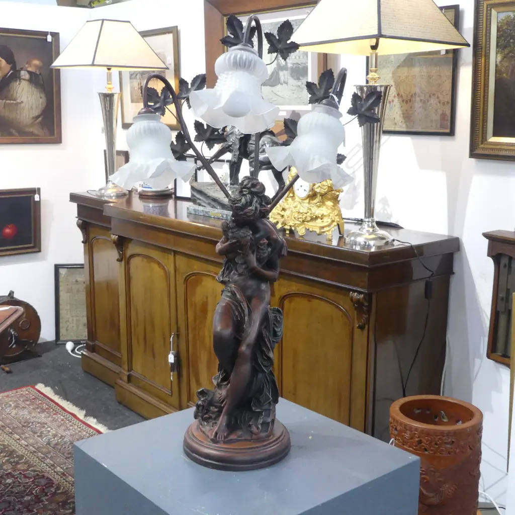 LARGE ANTIQUE STYLE RESIN LADY TABLE LAMP with three branch lights H.860mm Image 1++