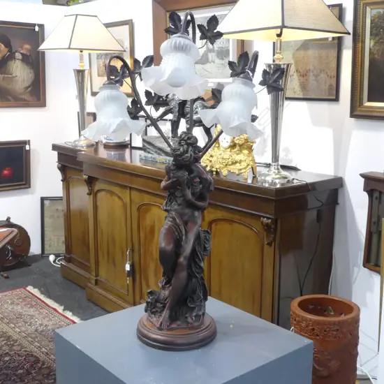 LARGE ANTIQUE STYLE RESIN LADY TABLE LAMP with three branch lights H.860mm