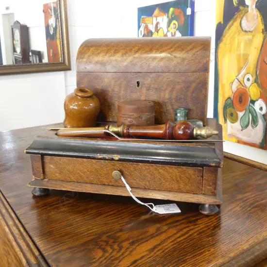 ANTIQUE OAK DESK SET + ACCESSORIES 280x215x230mm