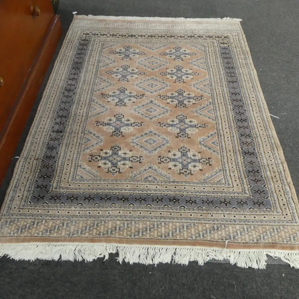 PAKISTAN BOKHARRA WOOL ON COTTON HANDKNOTTED RUG soft salmon pink ground. 1800 x 1300mm Image 1++