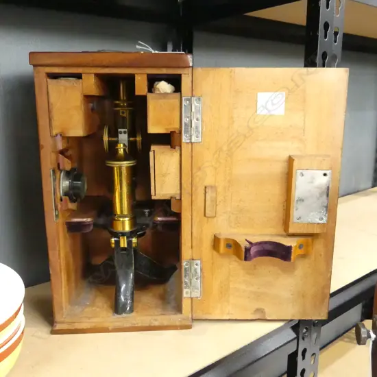 VINTAGE CASED  BRASS MICROSCOPE H320MM