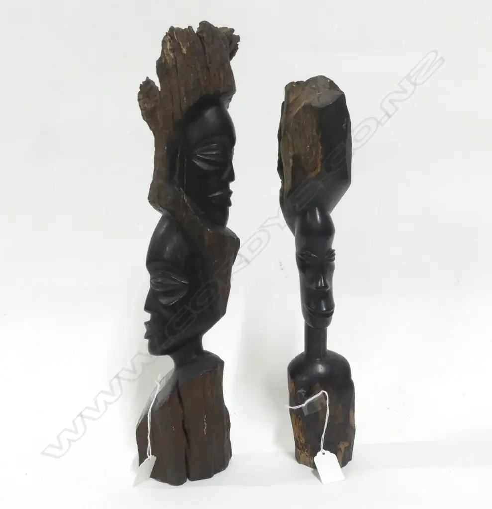 2 AFRICAN EBONY FACE CARVINGS H470 TALLEST Image 1++