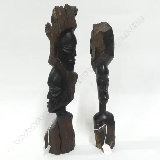 2 AFRICAN EBONY FACE CARVINGS H470 TALLEST