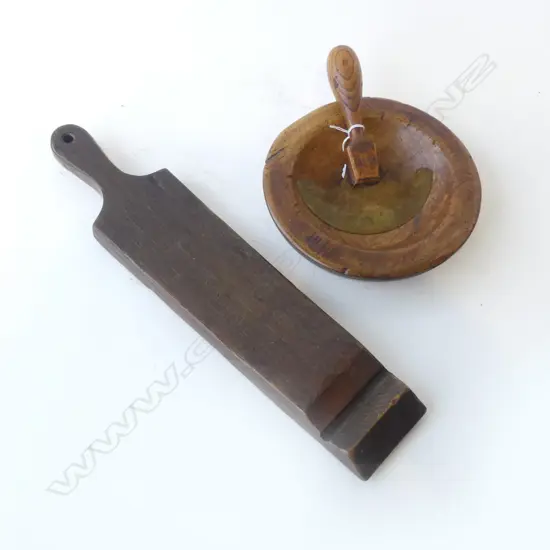 2 PCES TREEN; WINE BARREL PLATTER L.475mm, ELM HERB CUTTER CHOPPER & BOWL 215mm dia