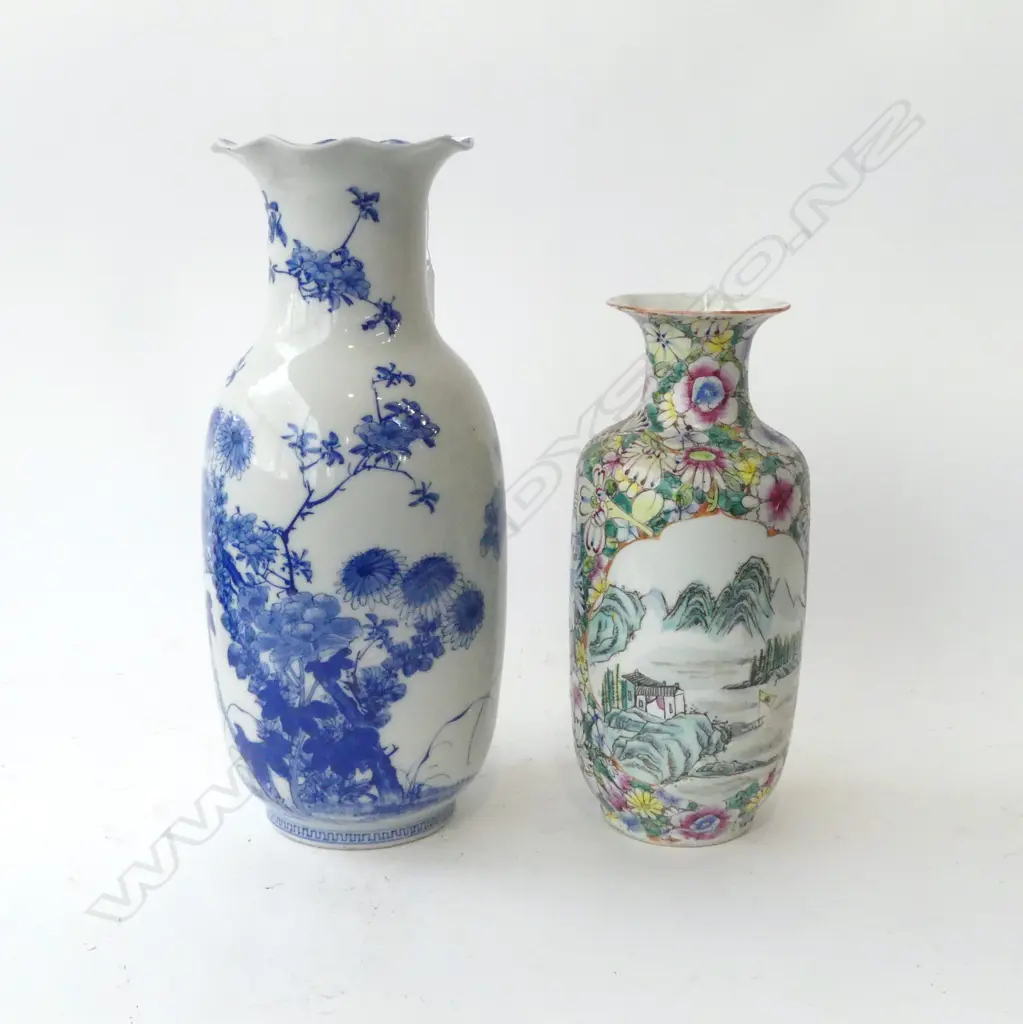 2 ORIENTAL VASES; B/W H.370mm, FLORAL H.285mm BOTH FAULTED Image 1++