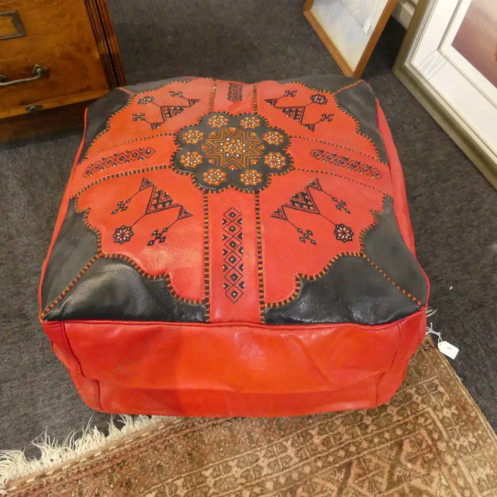 RED LEATHER ETHNIC OTTOMAN 550x550x300mm Image 1++