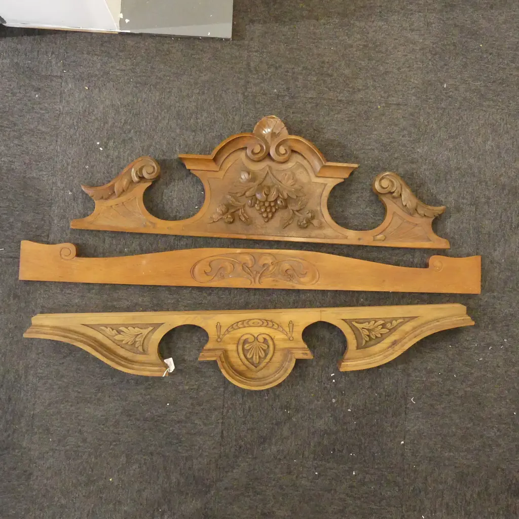 3 EARLY 20thC CARVED WOODEN PEDIMENTS W.1240mm Image 1++
